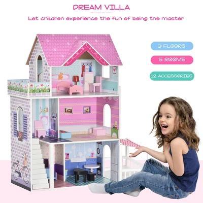 Qaba Kids Wooden Multi-Level Dream House Villa Kit With Furniture And Accessories - Image 2