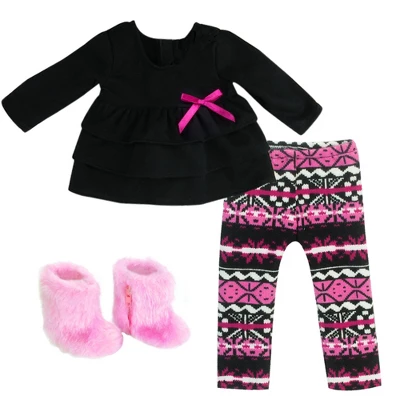 Sophia’s Ikat Print Knit Leggings, Long-Sleeved Top, & Fuzzy Boots Outfit For 18” Dolls, Hot Pink/Black