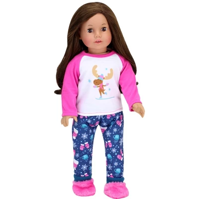 Sophia’s Moose Print Winter Pajamas & Fuzzy Slipper Set For 18” Dolls, Blue/Pink