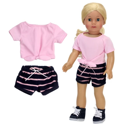 Sophia’s 2 Piece Summer Outfit With Tie Front Tee And Striped Shorts For 18" Dolls, Pink/Navy - Image 2
