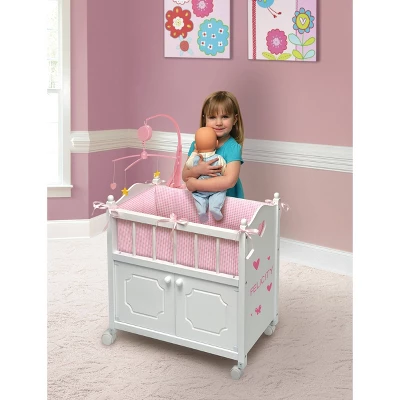 Badger Basket Cabinet Doll Crib With Gingham Bedding And Free Personalization Kit - White/Pink - Image 4