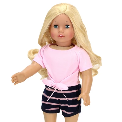 Sophia’s 2 Piece Summer Outfit With Tie Front Tee And Striped Shorts For 18" Dolls, Pink/Navy - Image 3