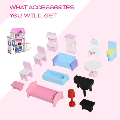 Qaba Kids Wooden Multi-Level Dream House Villa Kit With Furniture And Accessories - Image 5